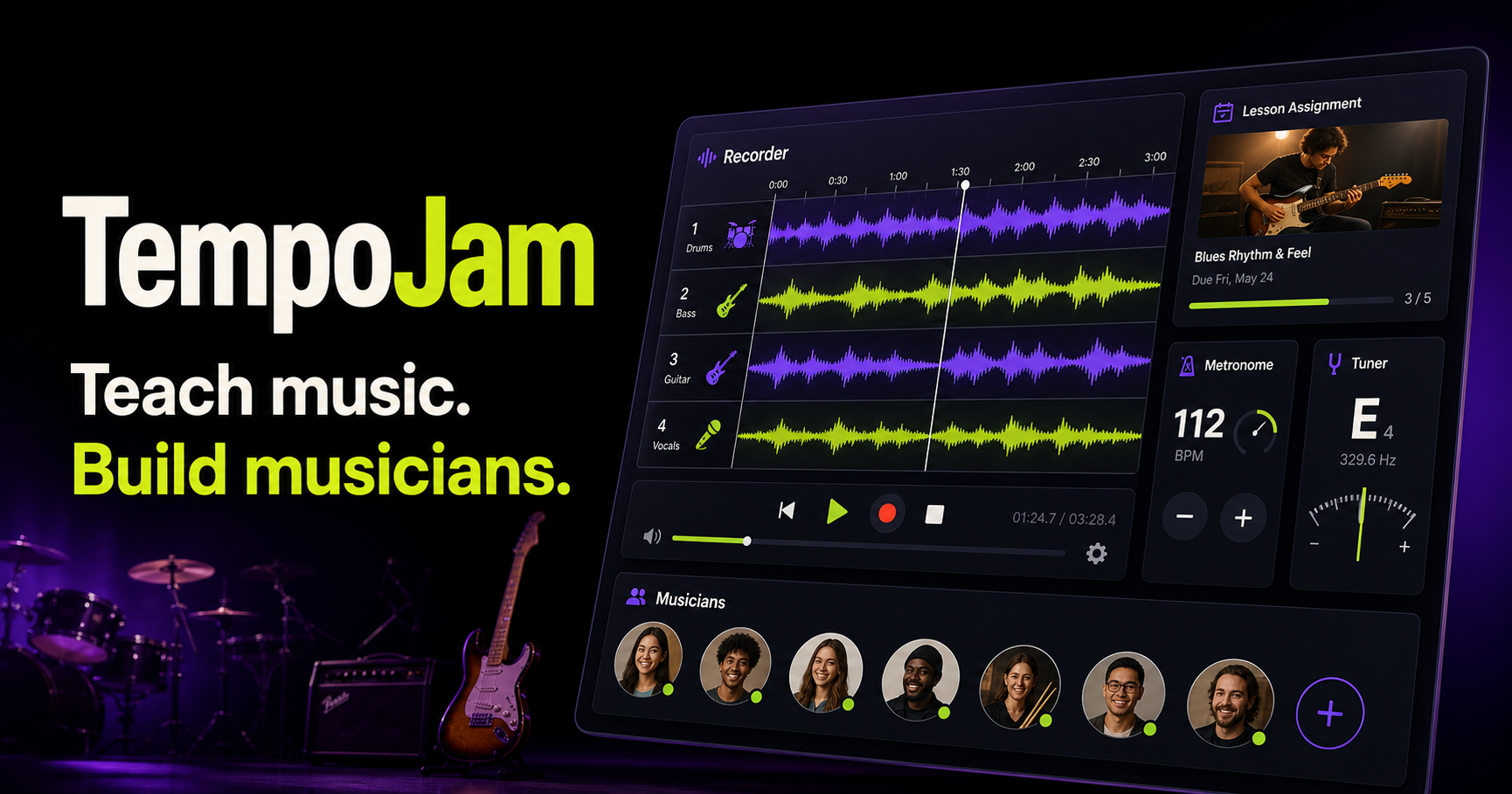 TempoJam recorder, assignment, metronome, tuner, and musician community
